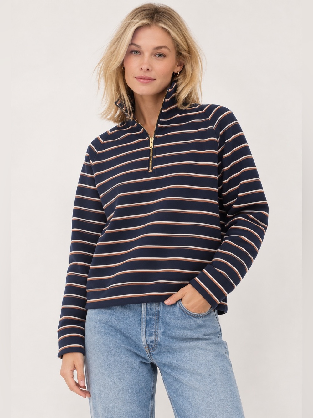 Albion Fit Oxford Fleece Quarter Zip Up Navy Stripe Pullover Preppy Small